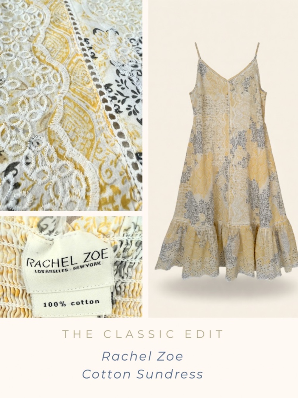 Rachel Zoe | Yellow Cotton Sundress | Embroidered Placket | Smocked | S